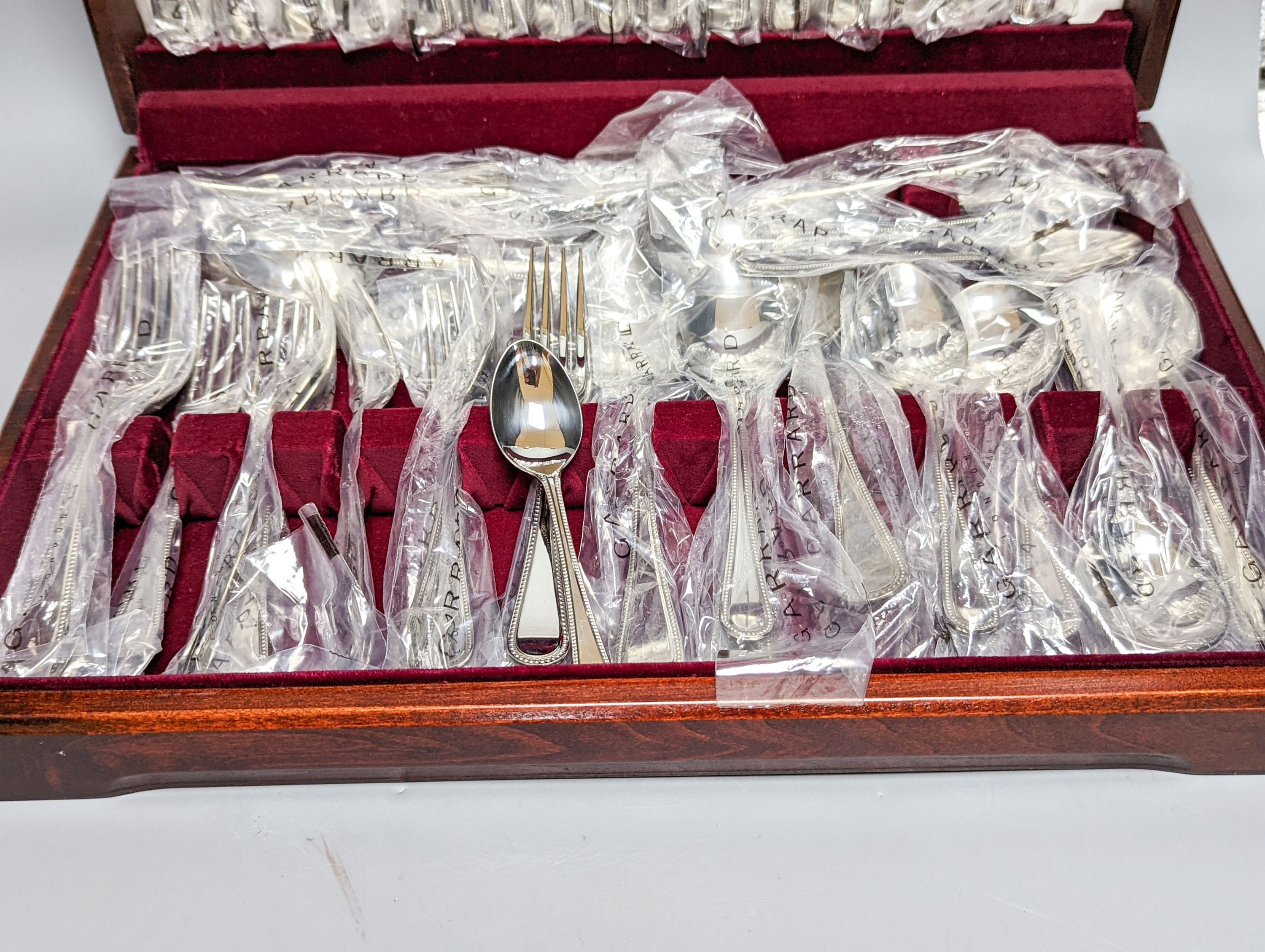 Garrard mahogany cased canteen silver plated cutlery